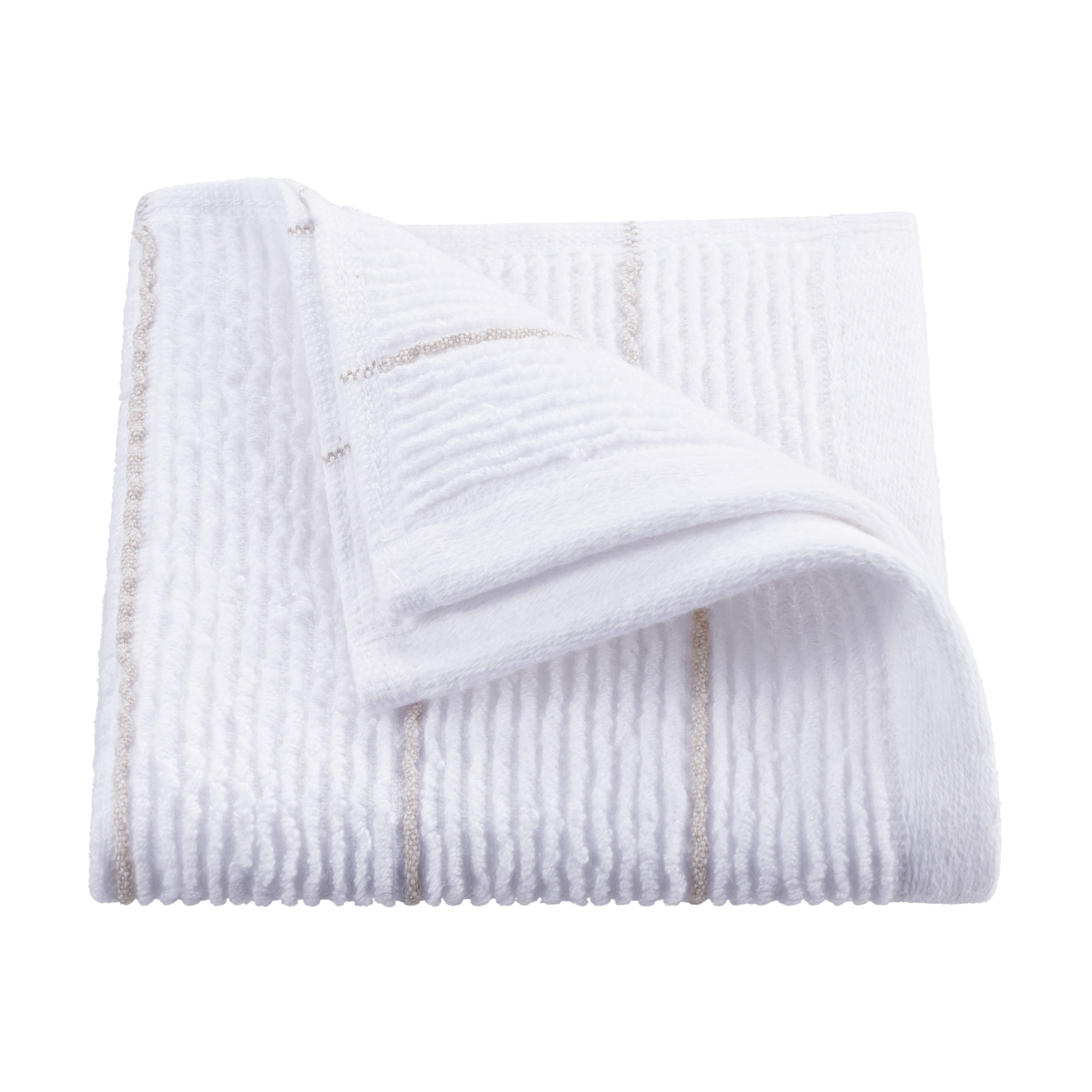 White towel with textured slub stripes and a folded corner revealing a subtle decorative stripe.