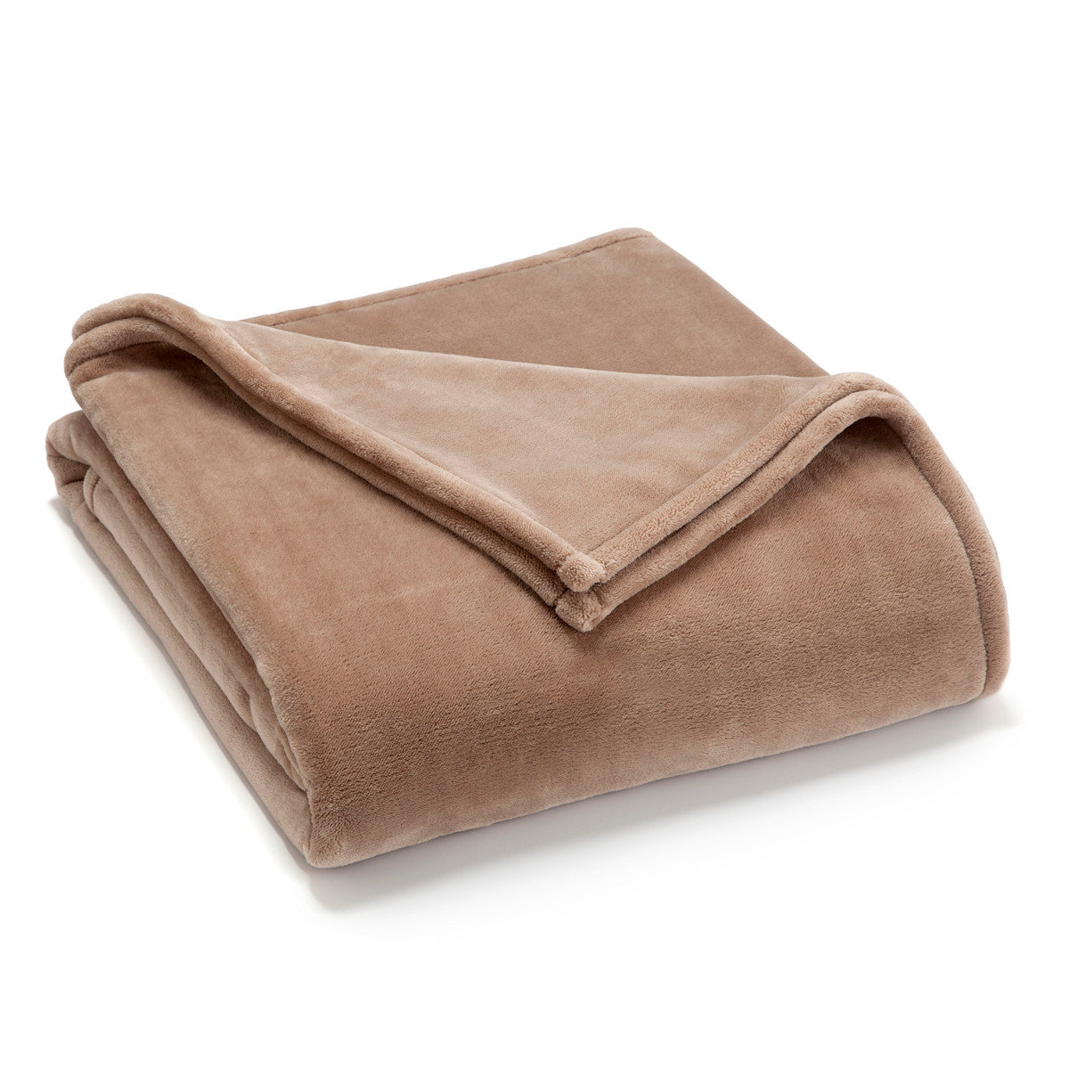 Soft, sheared faux mink blanket in a light brown color, neatly folded with a smooth texture.