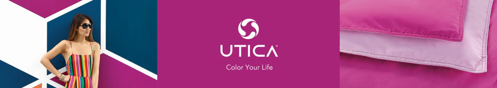 Woman in a colorful striped dress against a multicolored geometric background, along with the logo for Utica and text, “Color Your Life”