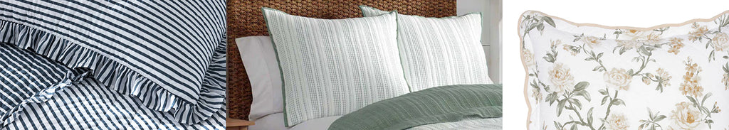 A close-up on stacked bed pillow shams
