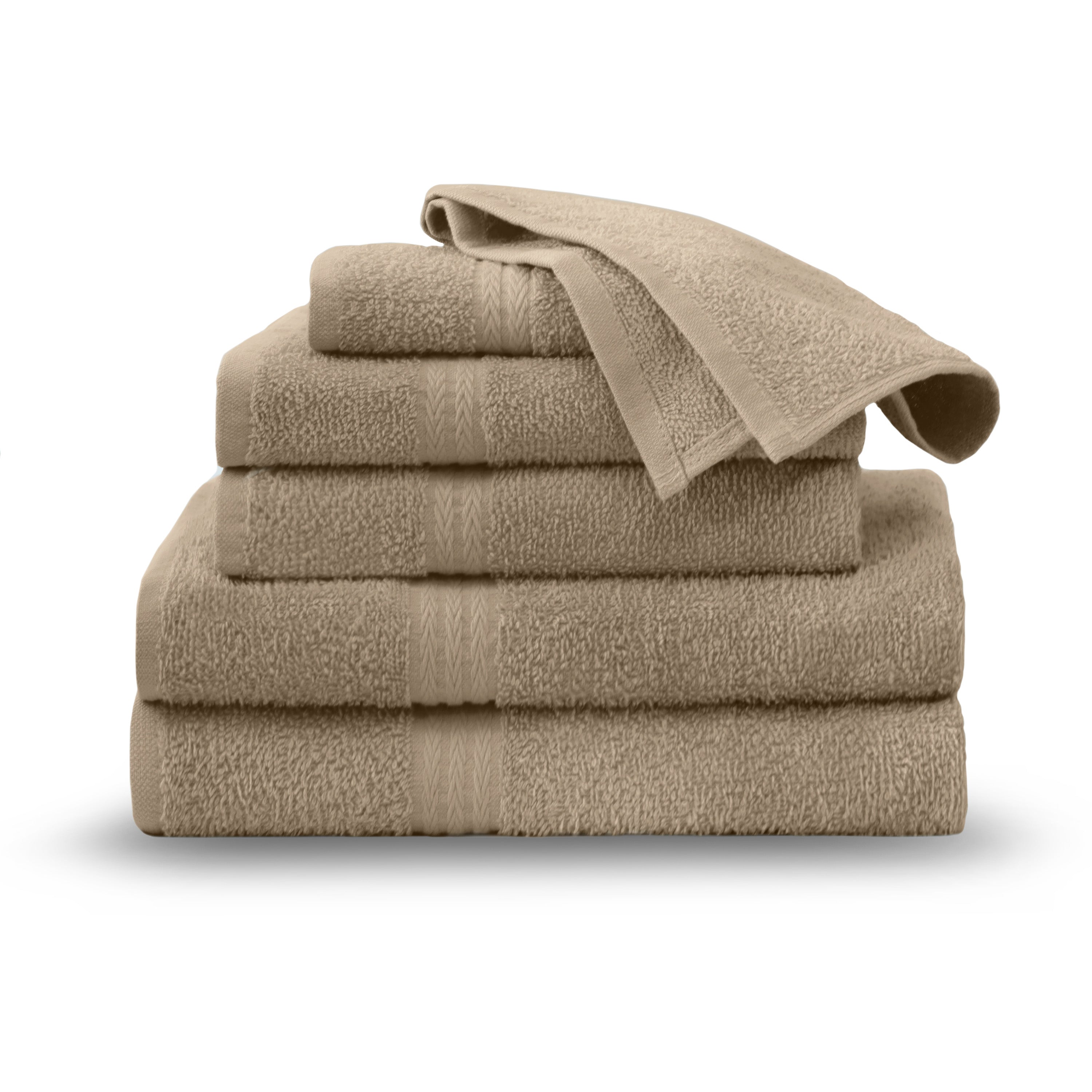 Stack of six beige towels, including two bath towels, two hand towels, and two washcloths.