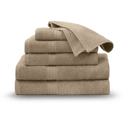 Stack of six beige towels, including two bath towels, two hand towels, and two washcloths.