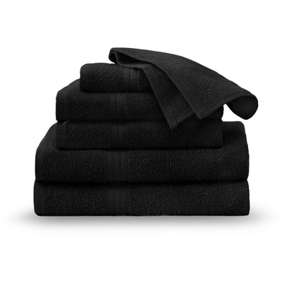 Set of six black towels stacked, featuring varying sizes and a textured design.