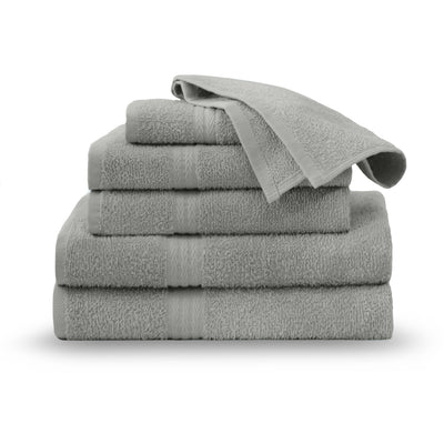 Six stacked towels in a soft gray color, featuring a textured design and a folded towel on top.