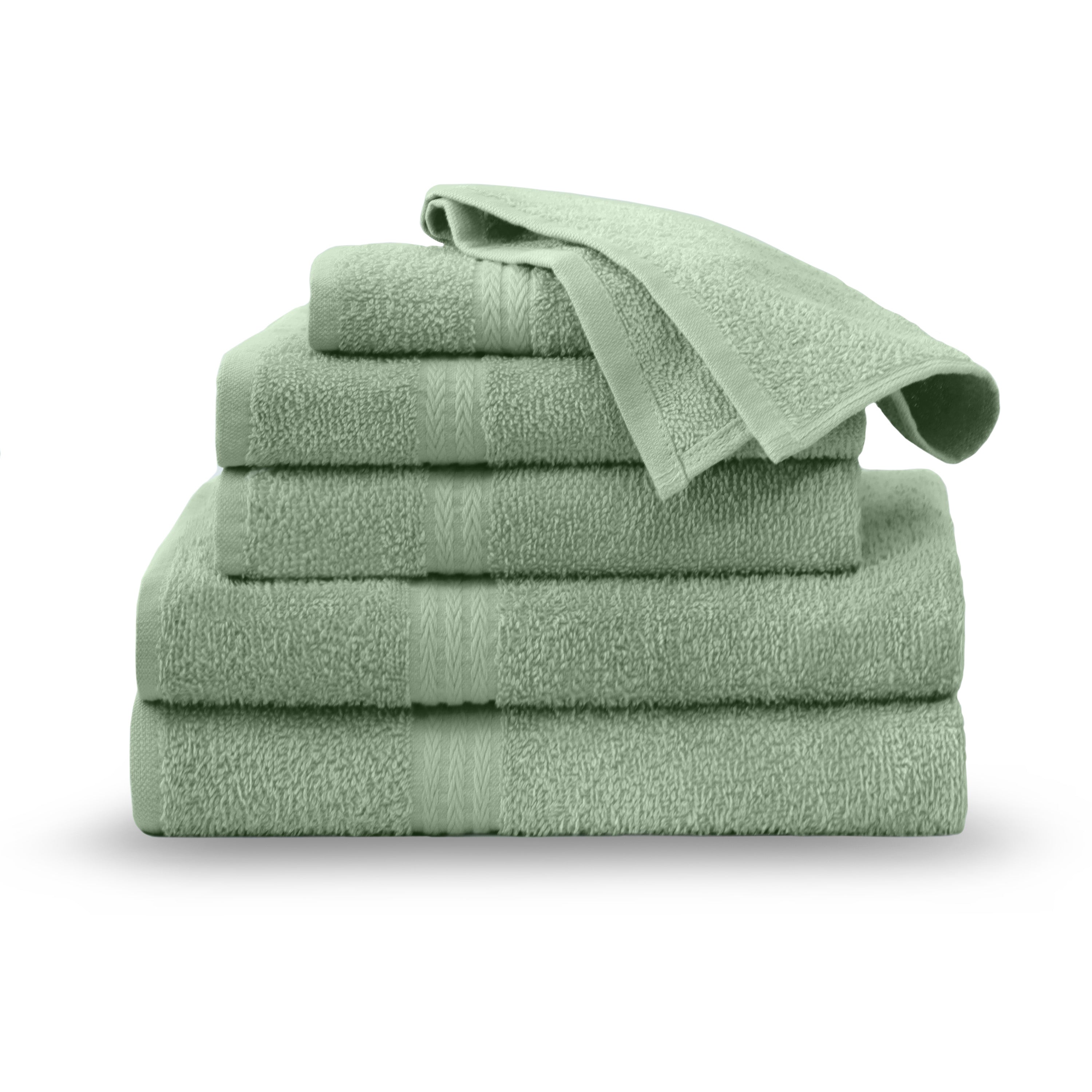 Six stacked towels in a soft green color, featuring a textured design and a smooth top towel.
