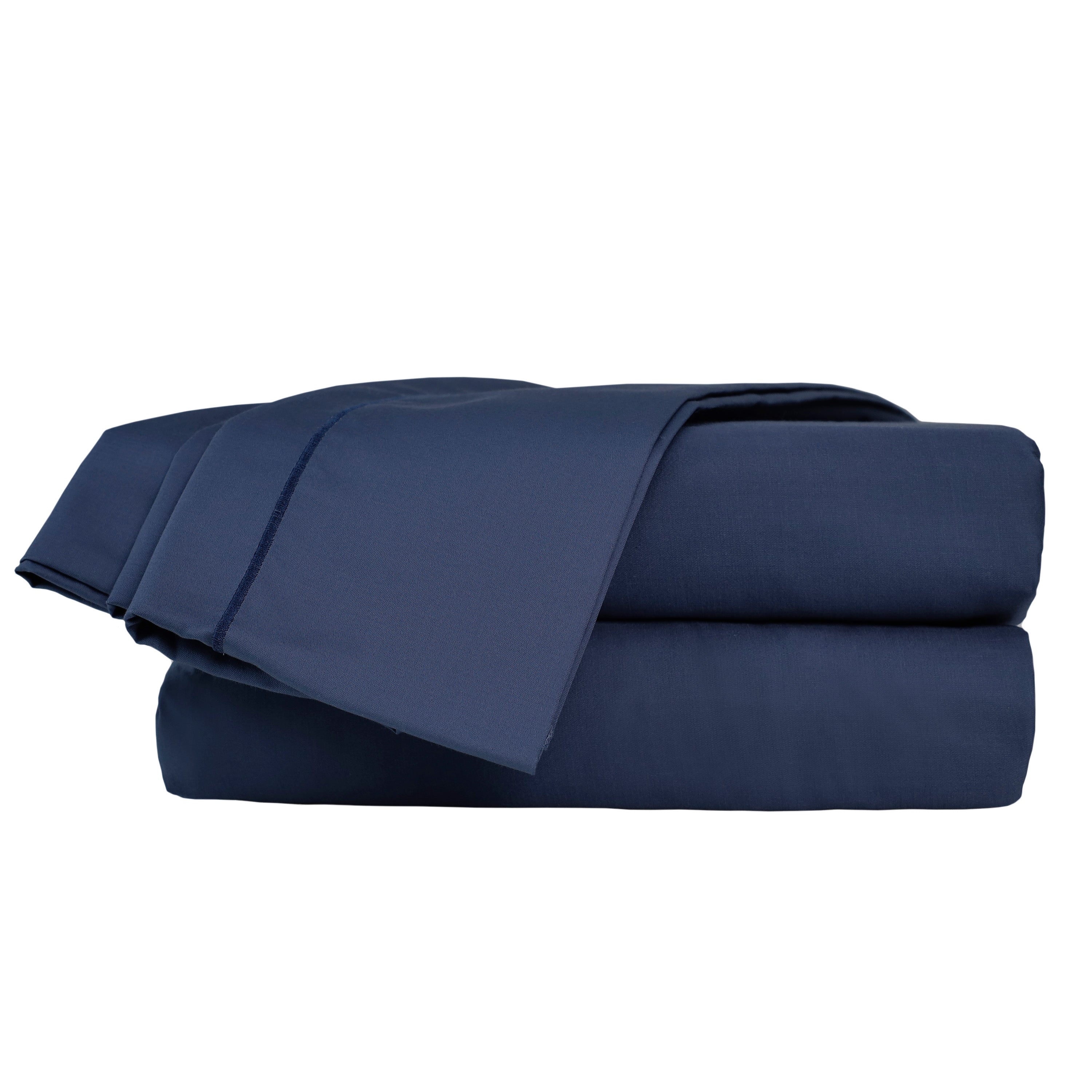 Navy blue Supima cotton sheet set neatly folded with a smooth texture.