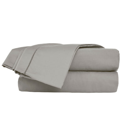Gray Supima cotton sheet set with a 700-thread count, neatly folded and stacked.