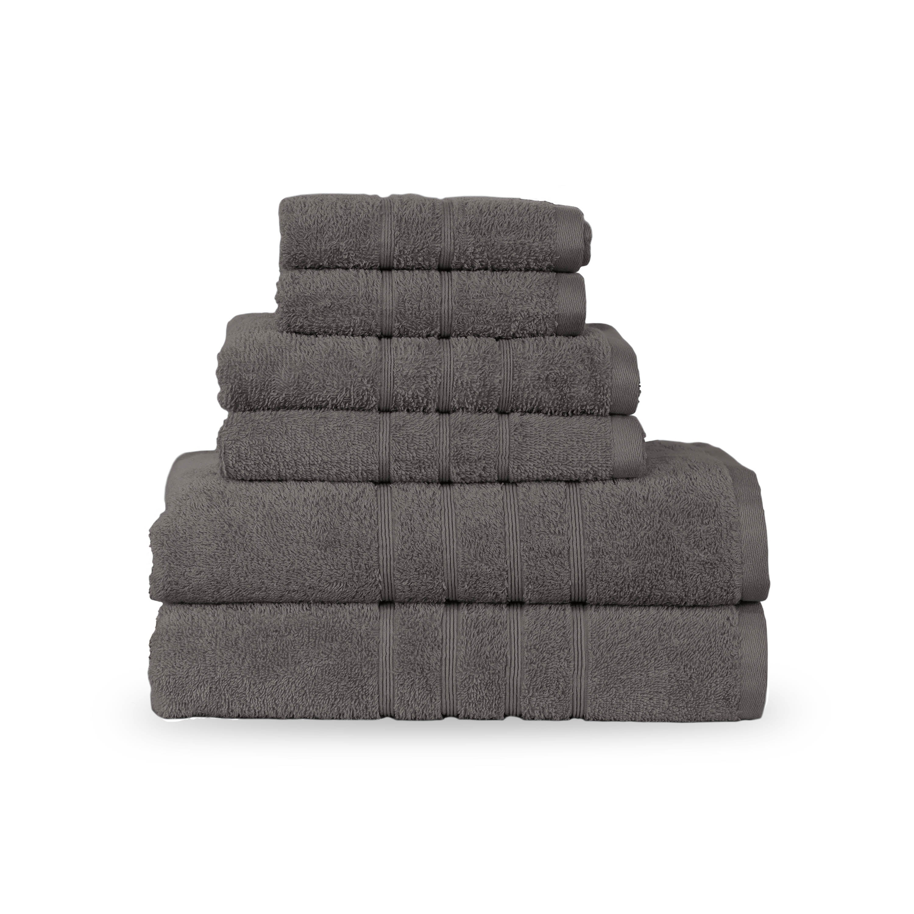 Six stacked gray towels of varying sizes, featuring a textured design and neatly arranged.