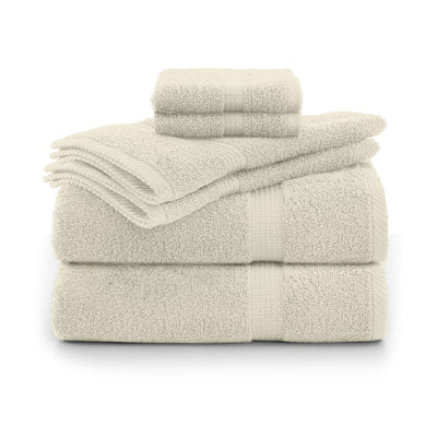 Set of six beige towels stacked, including two bath towels, two hand towels, and two washcloths.