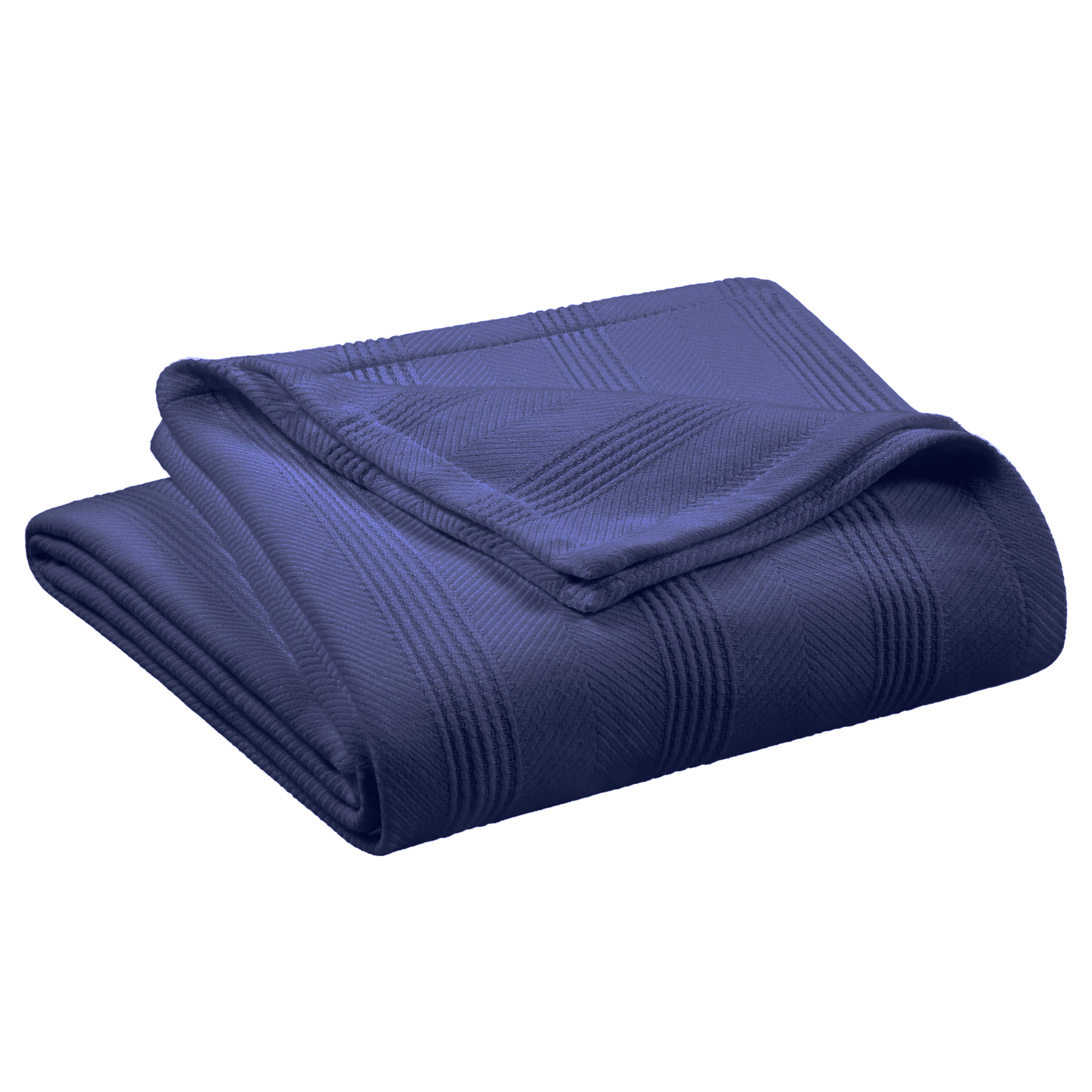 Navy blue cotton blanket with a textured pattern, folded neatly.
