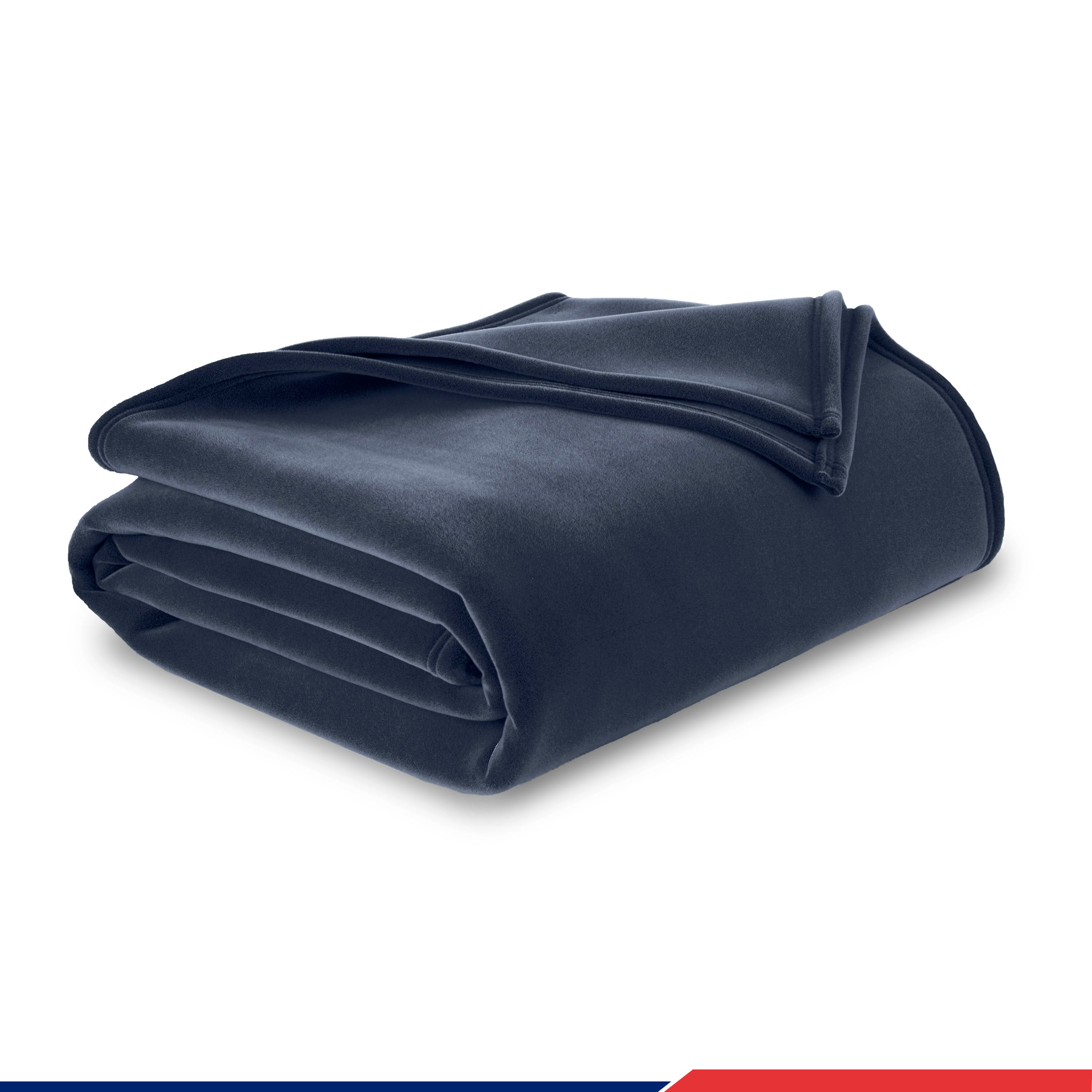 A folded navy blue blanket or throw is shown on a clean white background 