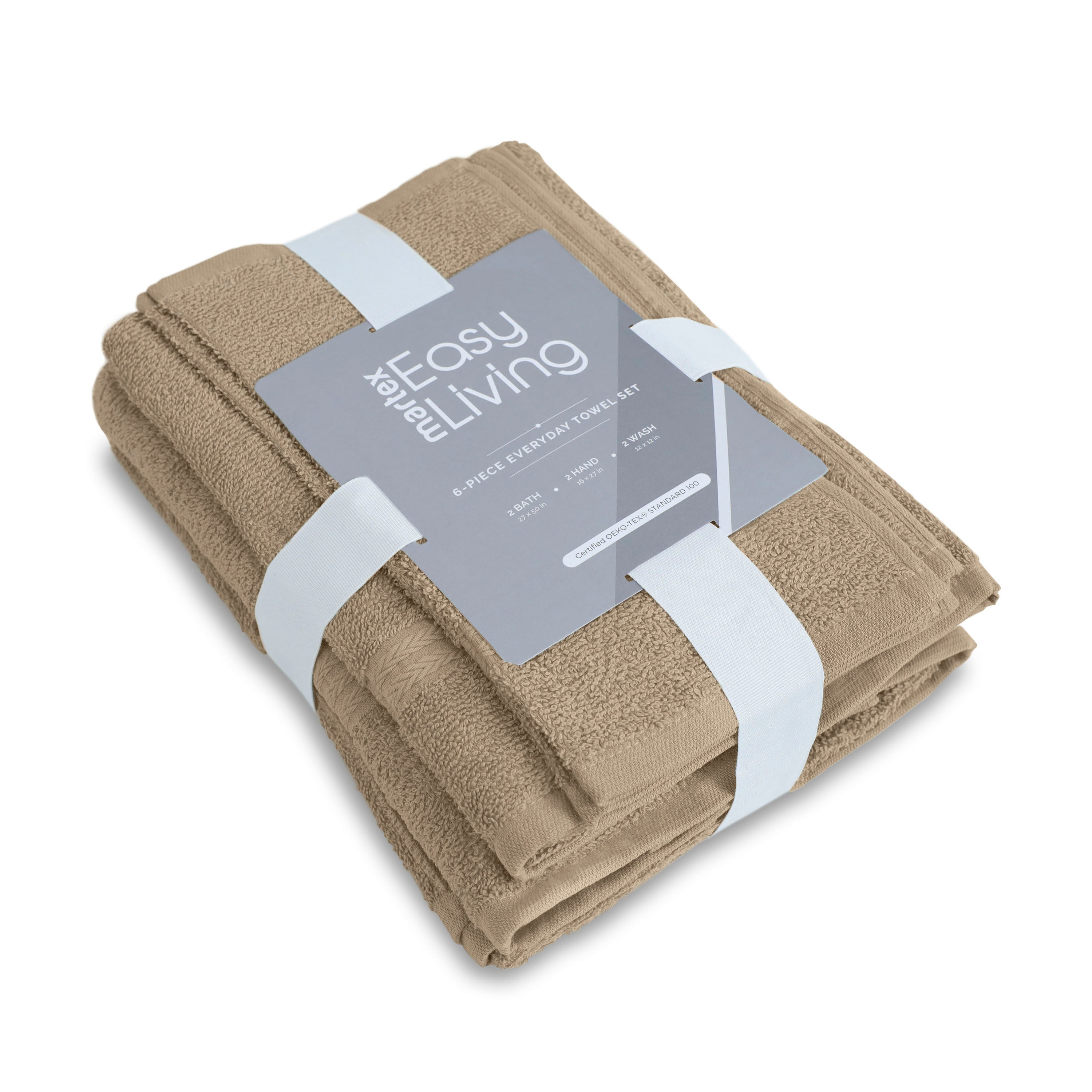 Six-piece towel set in a neutral tan color, neatly bundled with a light blue ribbon and label.