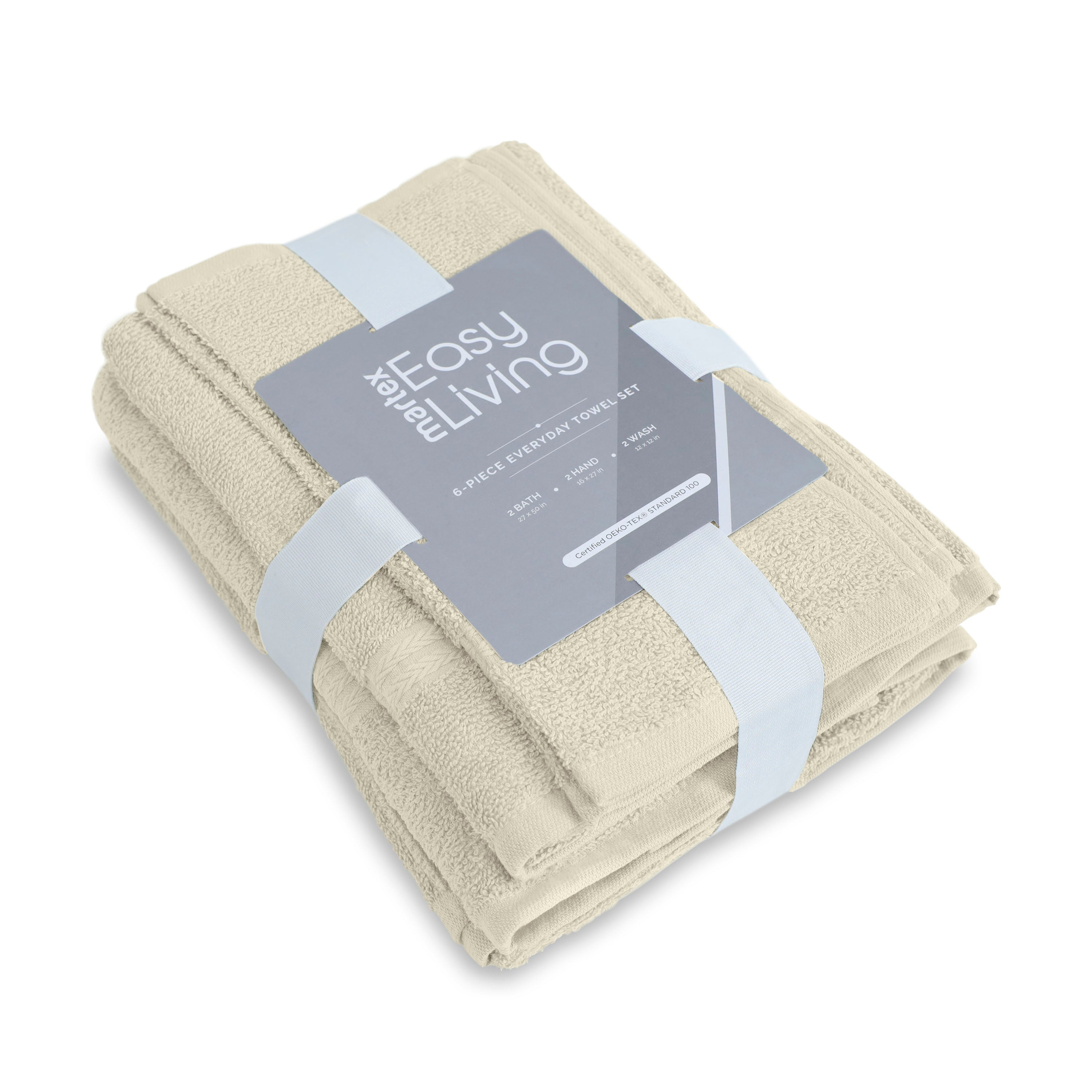 Six-piece towel set in a neutral color, neatly bundled with a light blue ribbon and a product label.