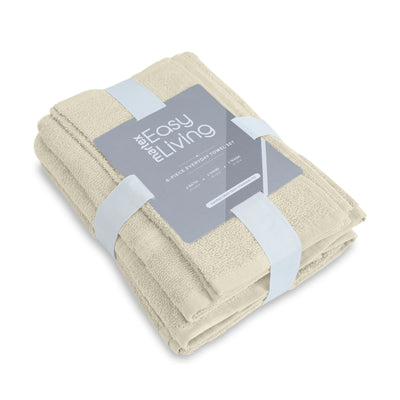 Six-piece towel set in a neutral color, neatly bundled with a light blue ribbon and a product label.