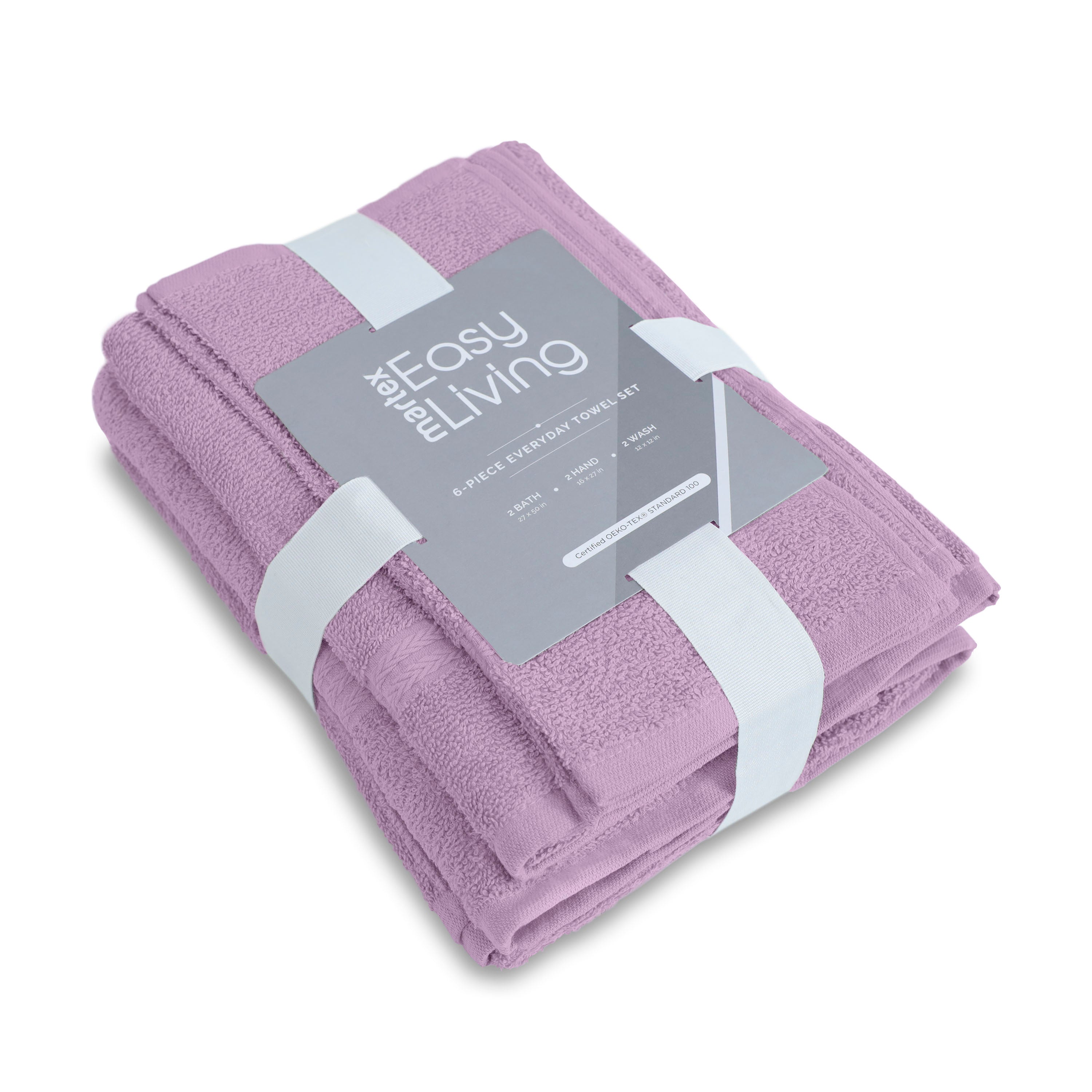 Set of six lavender towels, including two bath towels, two hand towels, and two washcloths, neatly bundled with a label.