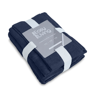 Navy blue towel set wrapped with a white band, featuring a label indicating it includes six pieces.