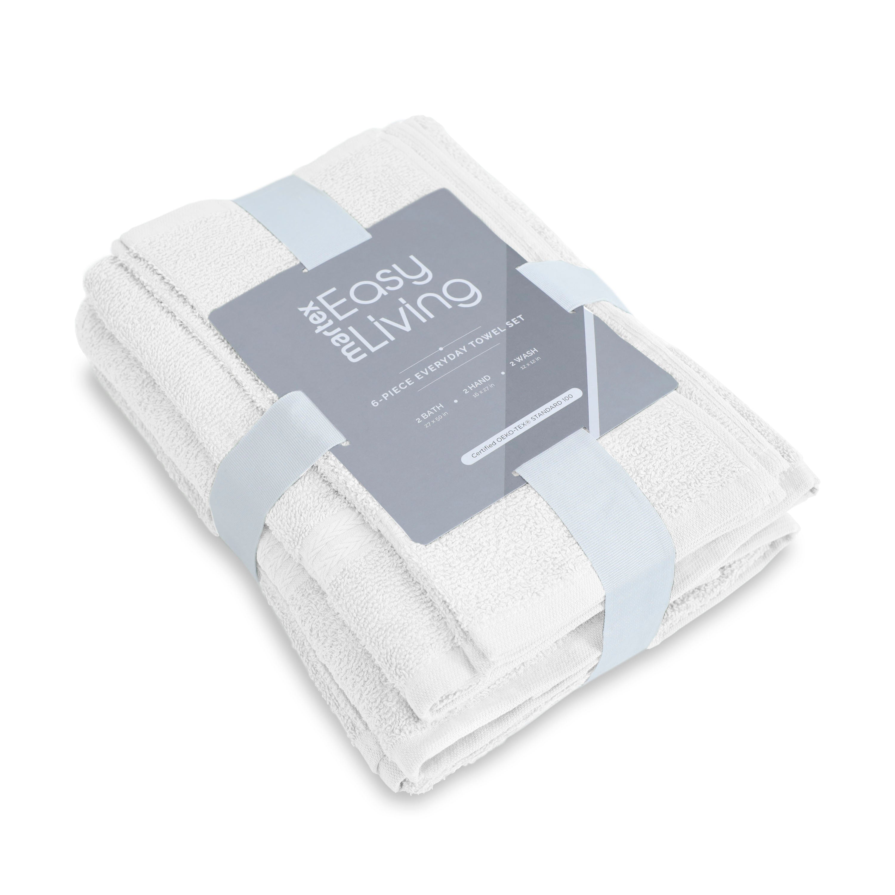 White towel set neatly packaged with a gray label indicating it includes six pieces.