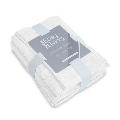 White towel set neatly packaged with a gray label indicating it includes six pieces.