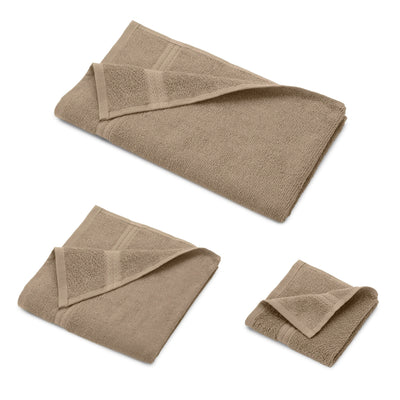 Set of six beige towels, including two bath towels, two hand towels, and two washcloths, neatly folded.