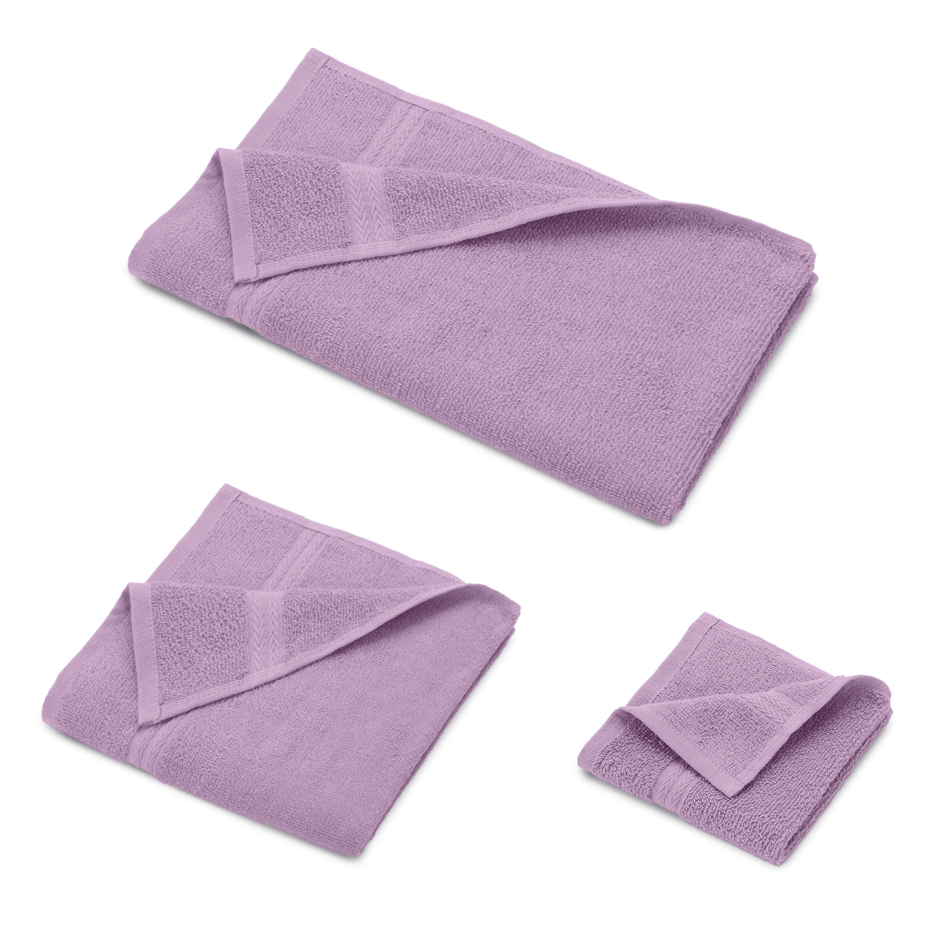 Set of six lavender towels, including two bath towels, two hand towels, and two washcloths, all neatly folded.