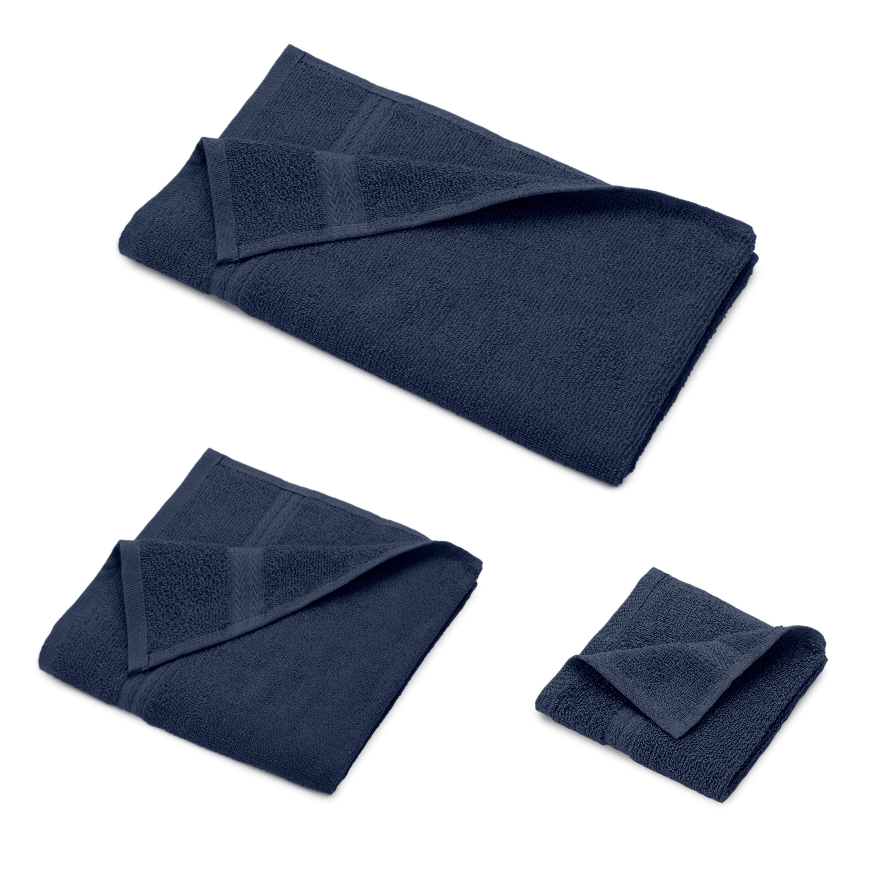 Set of six navy blue towels in various sizes, neatly folded and stacked.
