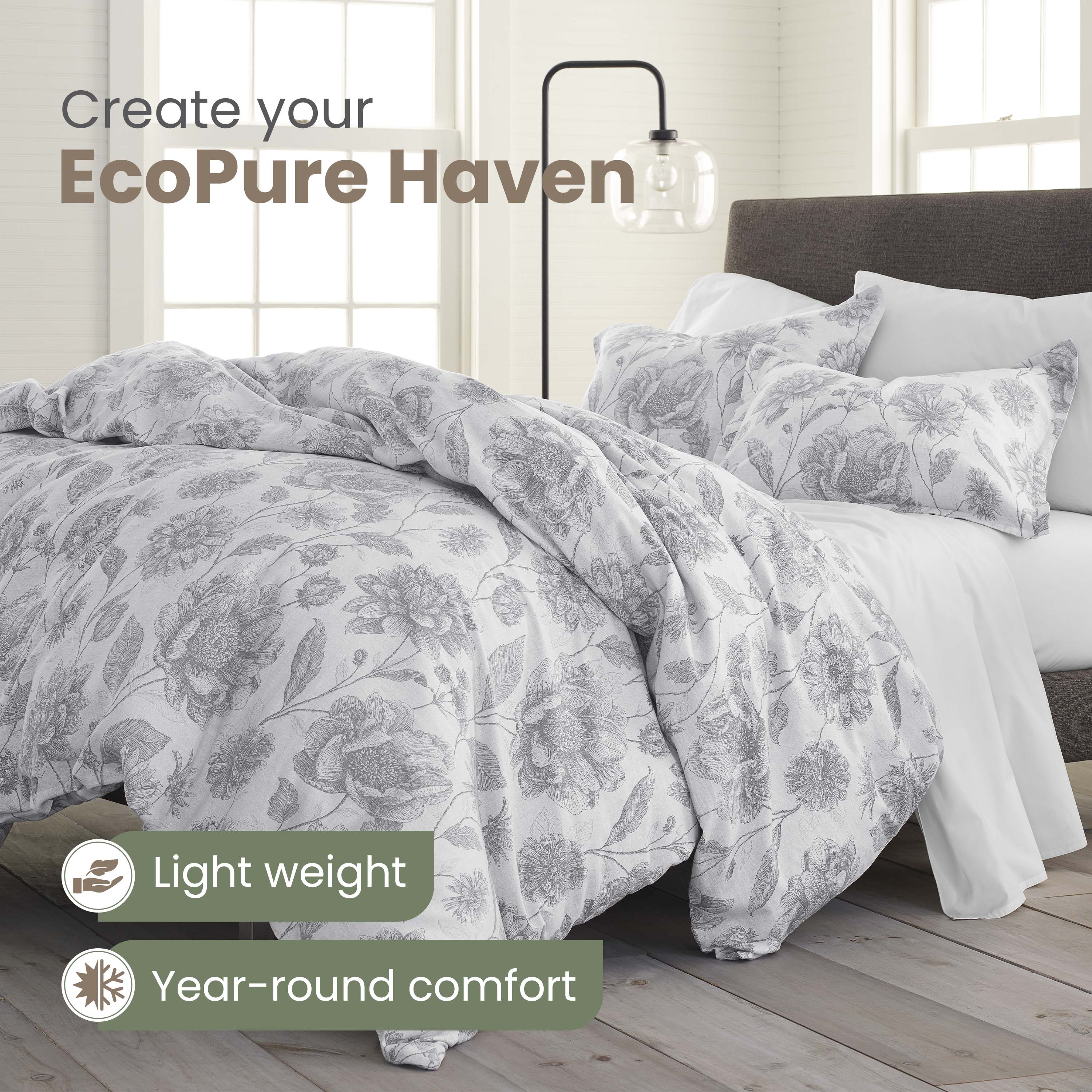 Lightweight comforter set with floral design, includes matching pillows, placed on a bed with a neutral headboard.