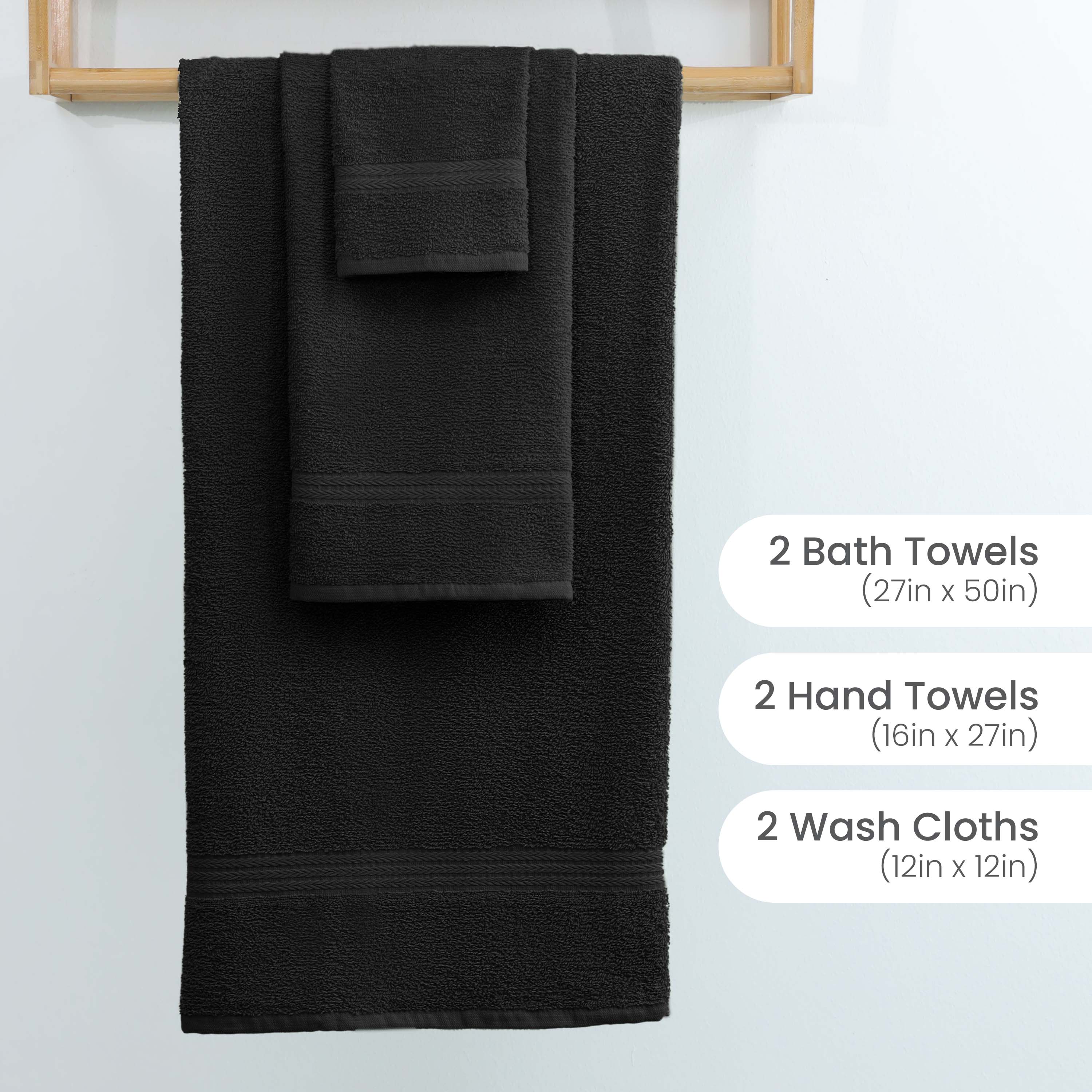 Black towel set featuring 2 bath towels, 2 hand towels, and 2 washcloths displayed on a wooden rack.