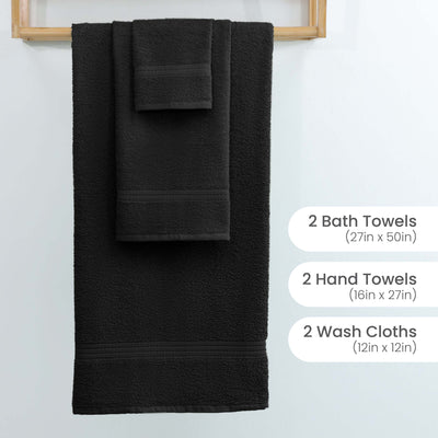Black towel set featuring 2 bath towels, 2 hand towels, and 2 washcloths displayed on a wooden rack.