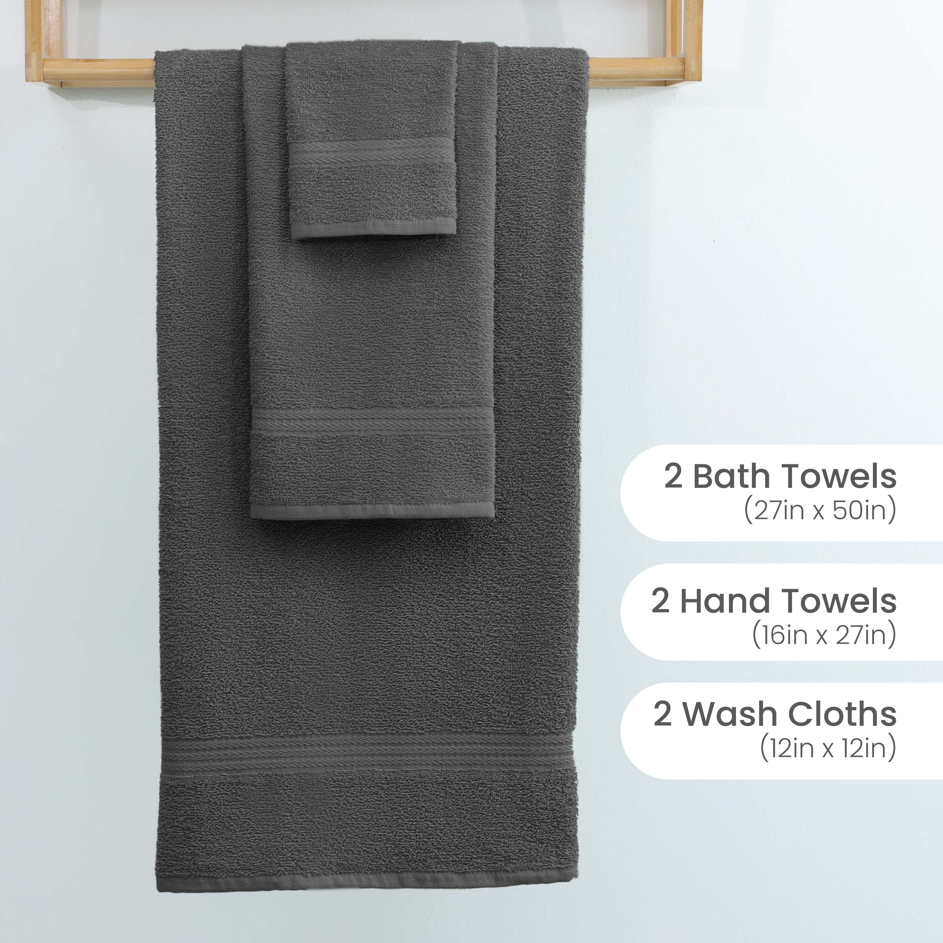 Six-piece towel set in dark gray includes two bath towels, two hand towels, and two washcloths.