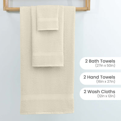 Set of six towels including two bath towels, two hand towels, and two wash cloths in a neutral color.