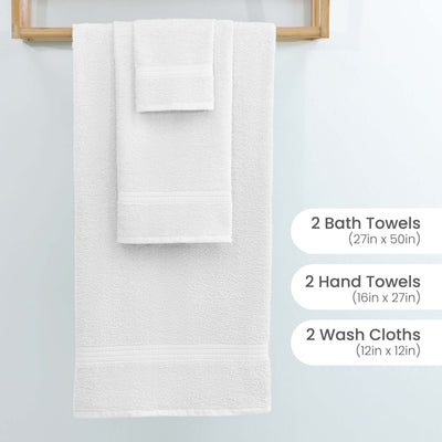 White towel set displayed on a wooden rack, including two bath towels, two hand towels, and two washcloths.