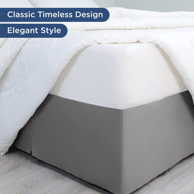 Gray bed skirt with a 21-inch drop, designed to fit under a mattress and enhance bed aesthetics.