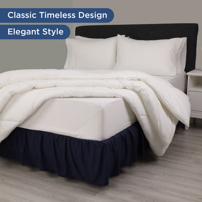 Navy ruffle bed skirt drapes over a white mattress, complemented by white bedding and pillows against a gray wall.