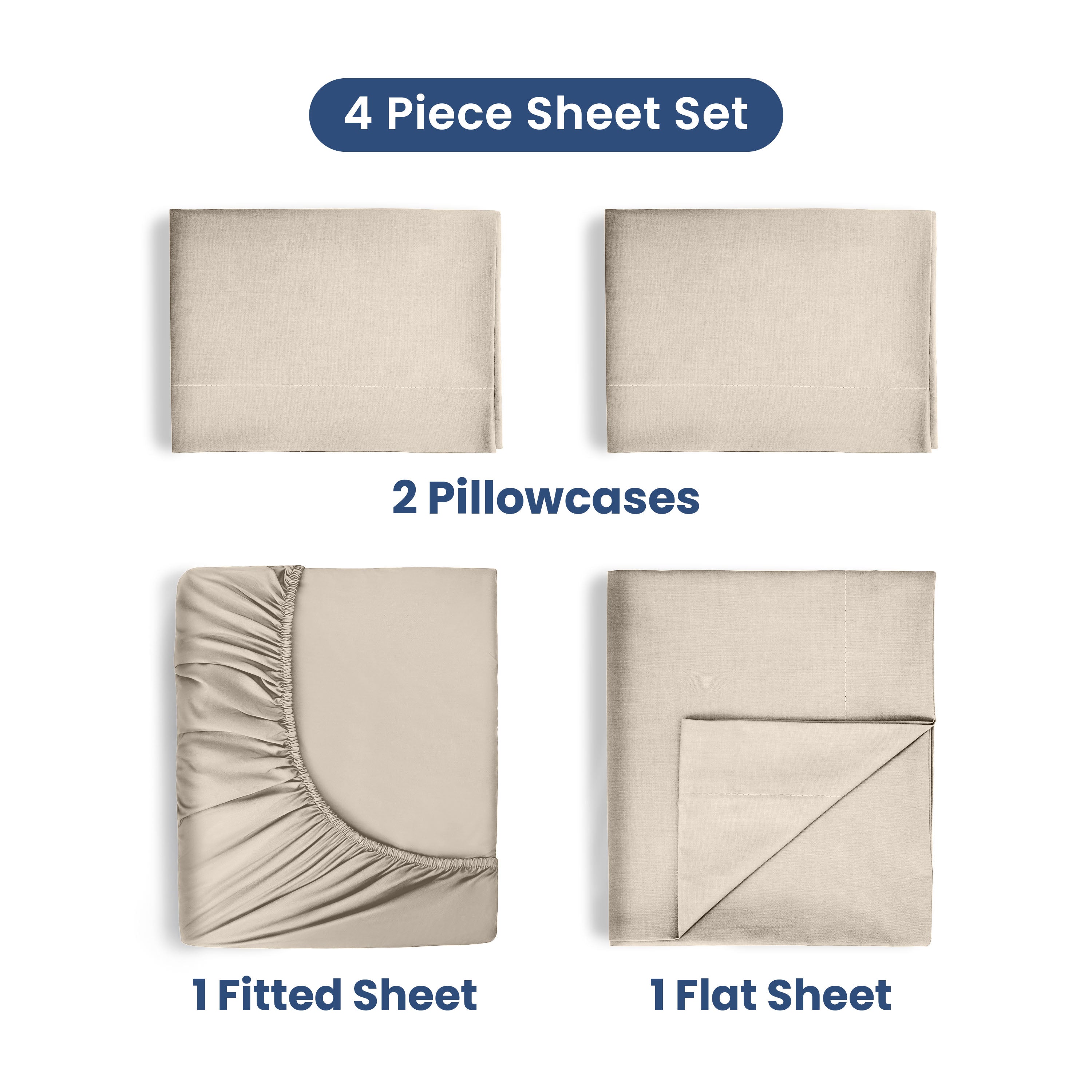 Four-piece sheet set includes two pillowcases, one fitted sheet, and one flat sheet in a neutral color.
