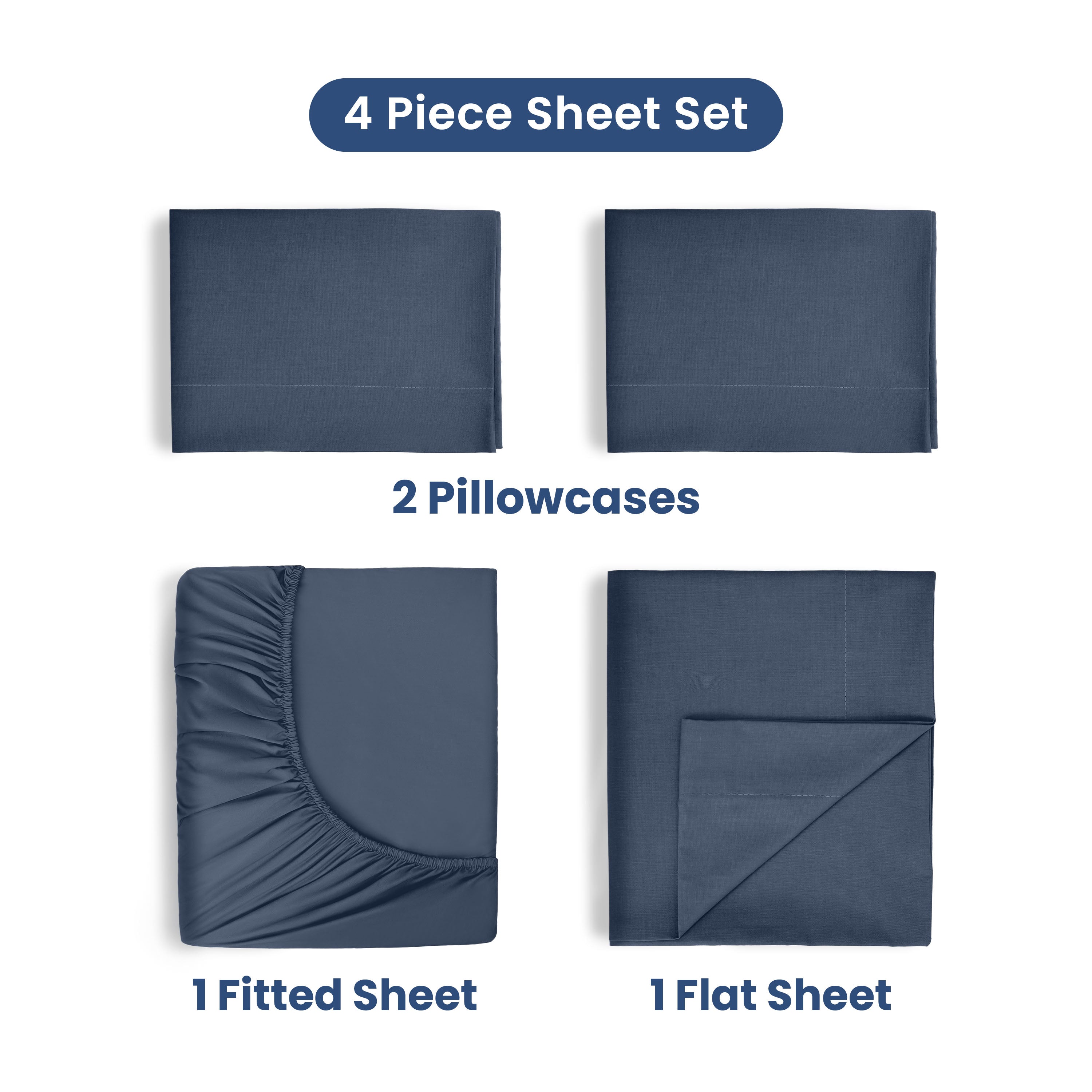 Four-piece cotton sheet set includes two pillowcases, one fitted sheet, and one flat sheet in a solid navy color.
