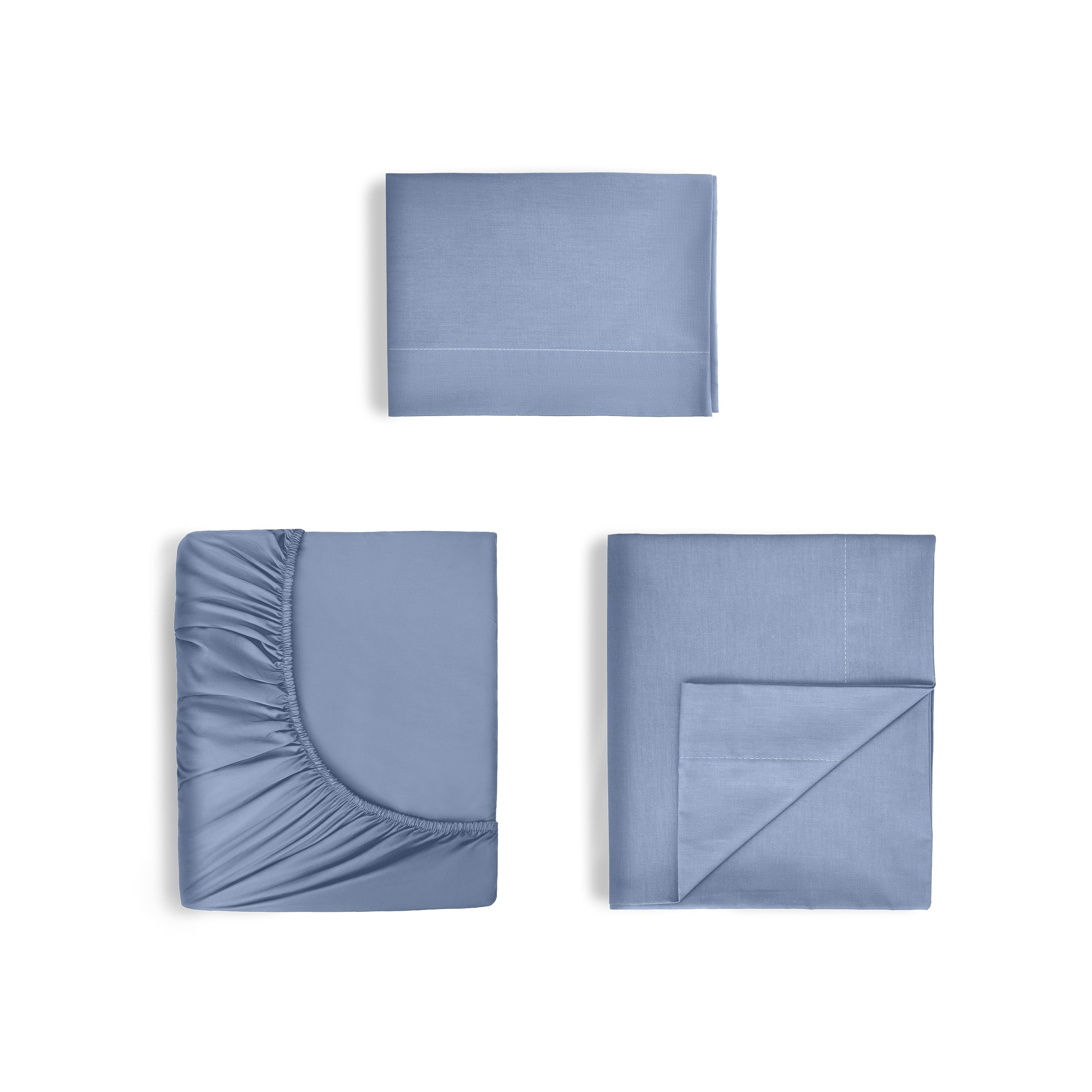 Set of blue cotton sheets including a fitted sheet, flat sheet, and pillowcase.