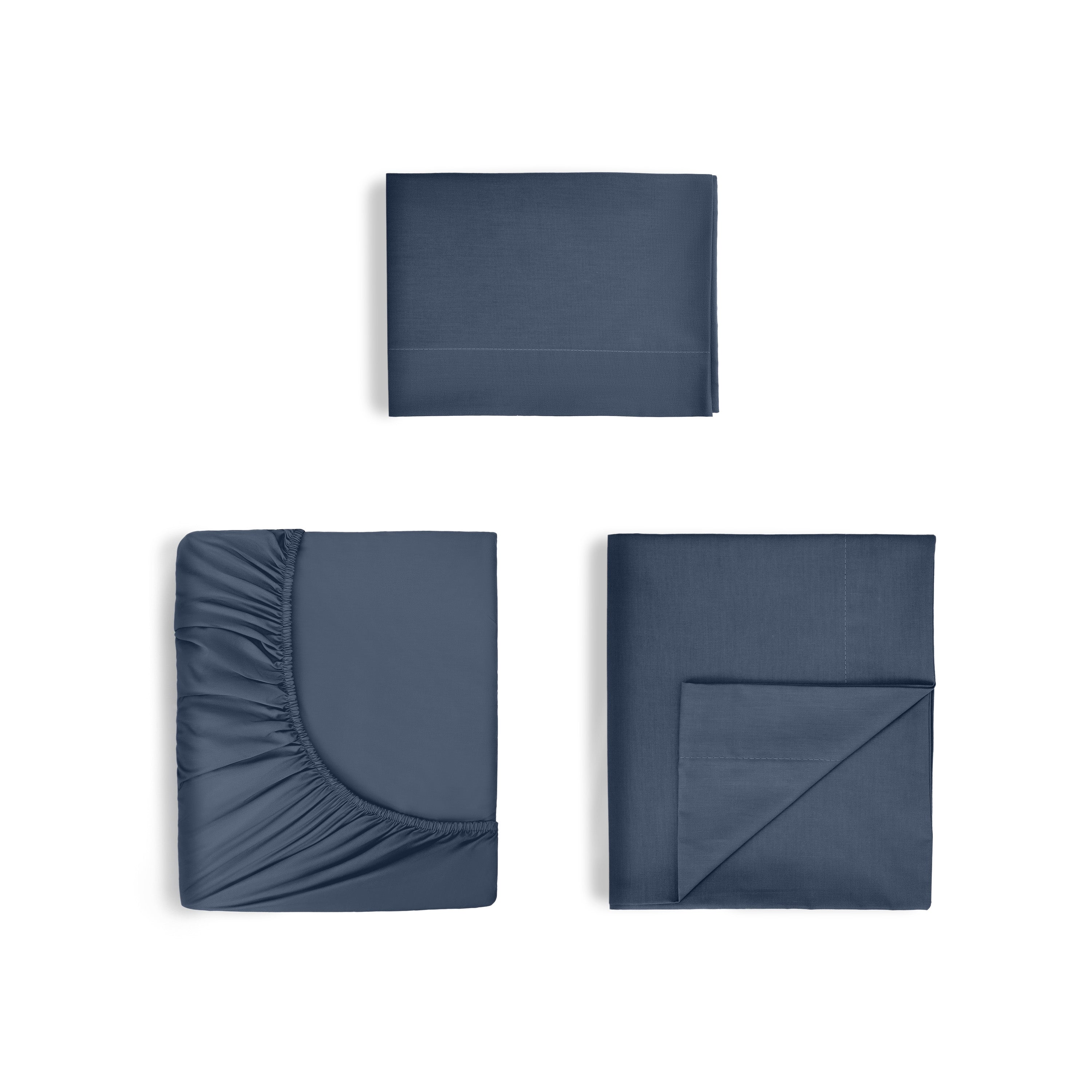 Set of navy blue cotton sheets including a fitted sheet, flat sheet, and pillowcase.