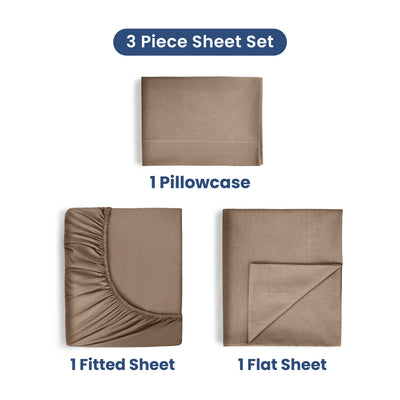 Three-piece cotton sheet set includes one fitted sheet, one flat sheet, and one pillowcase in a neutral color.