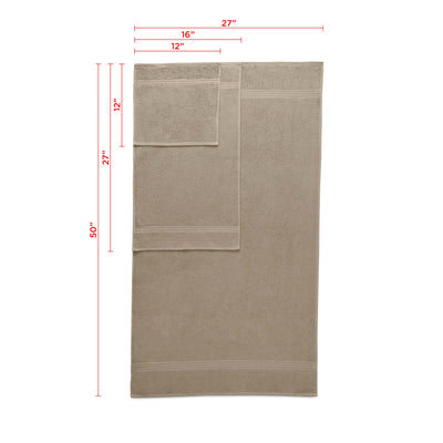 Beige towel set featuring two bath towels, two hand towels, and two washcloths with measurements displayed.