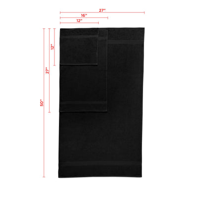 Black towel set featuring a bath towel, hand towel, and washcloth with dimensions indicated.