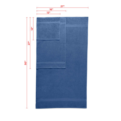 Six-piece towel set in blue, including two bath towels, two hand towels, and two washcloths, with specified dimensions.