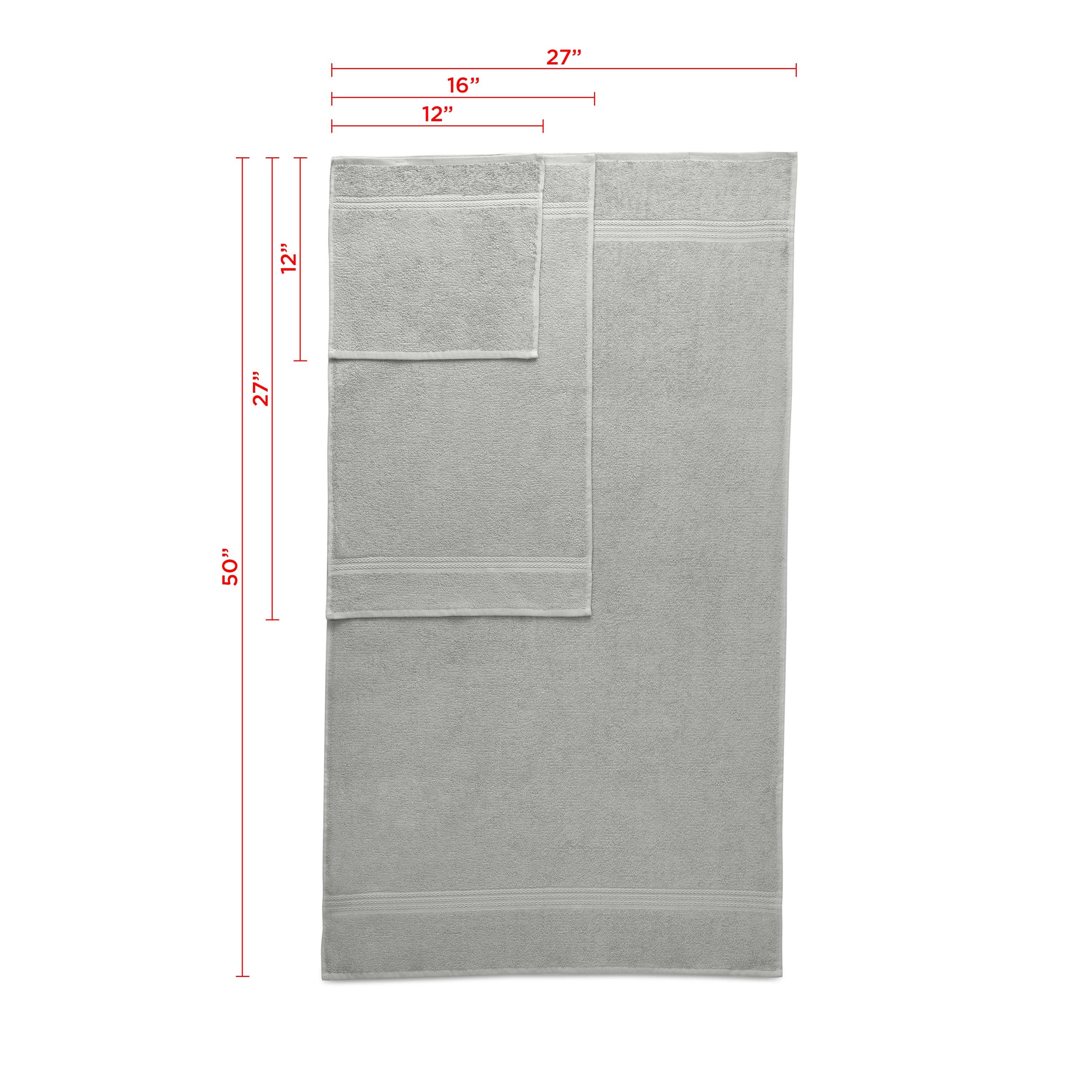 Set of six gray towels including bath, hand, and washcloth sizes with dimensions displayed.