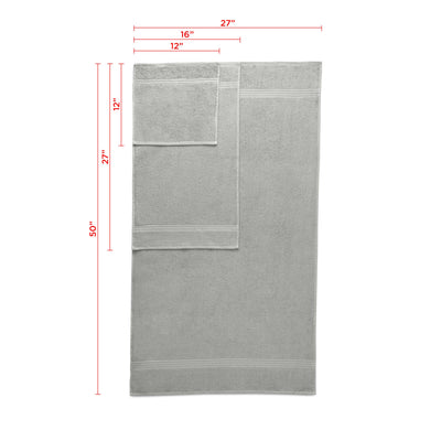 Set of six gray towels including bath, hand, and washcloth sizes with dimensions displayed.