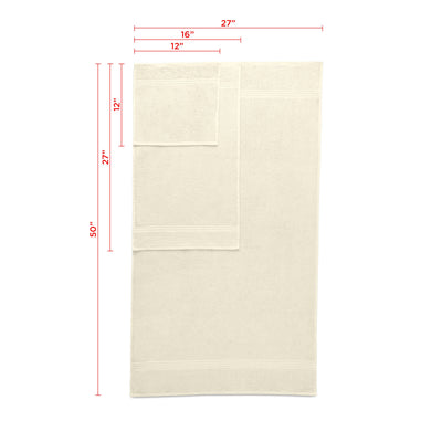 Set of six towels in a light color, including bath and hand towels, with dimensions and care instructions displayed.