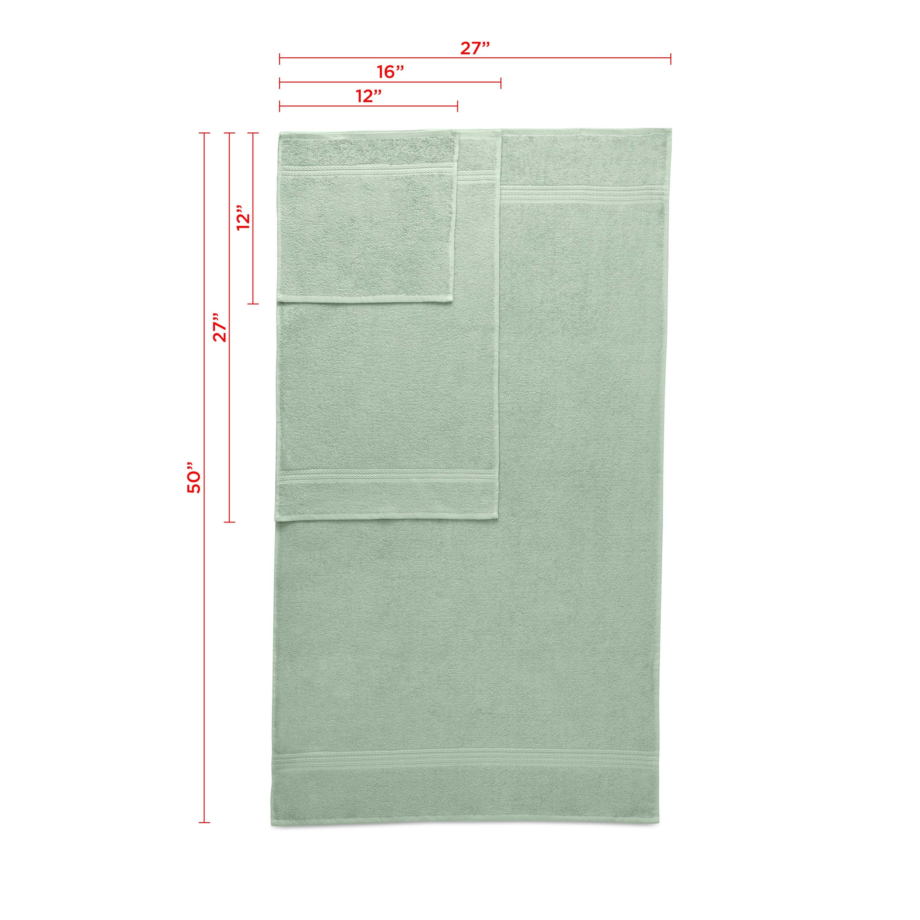 Set of six towels in a soft green color, including bath, hand, and washcloth sizes with measurements displayed.