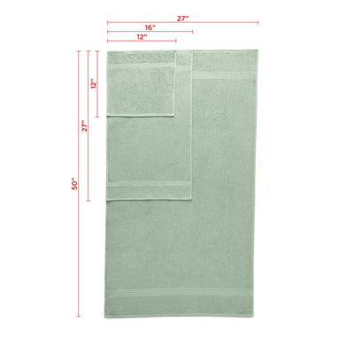 Set of six towels in a soft green color, including bath, hand, and washcloth sizes with measurements displayed.