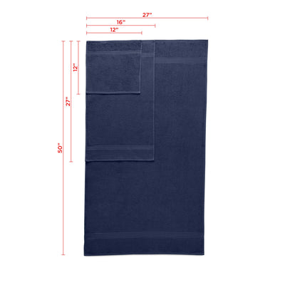 Navy blue towel set featuring a bath towel, hand towel, and washcloth with dimensions indicated.