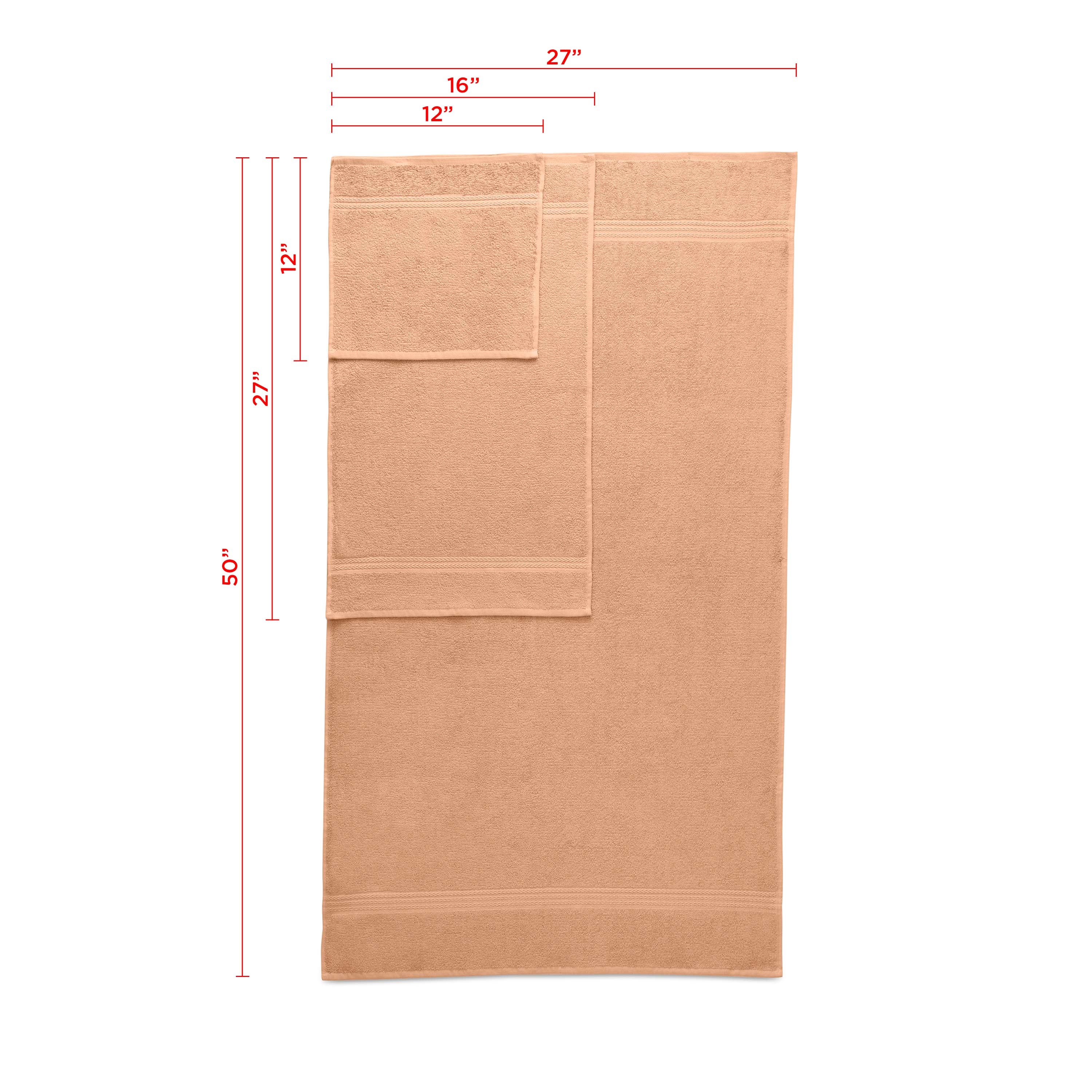 Set of six towels in a light peach color, including bath and hand towels, with dimensions displayed.
