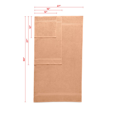 Set of six towels in a light peach color, including bath and hand towels, with dimensions displayed.