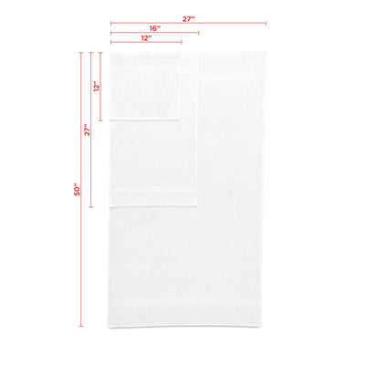 Six white towels of varying sizes, including bath and hand towels, with dimensions labeled in inches.